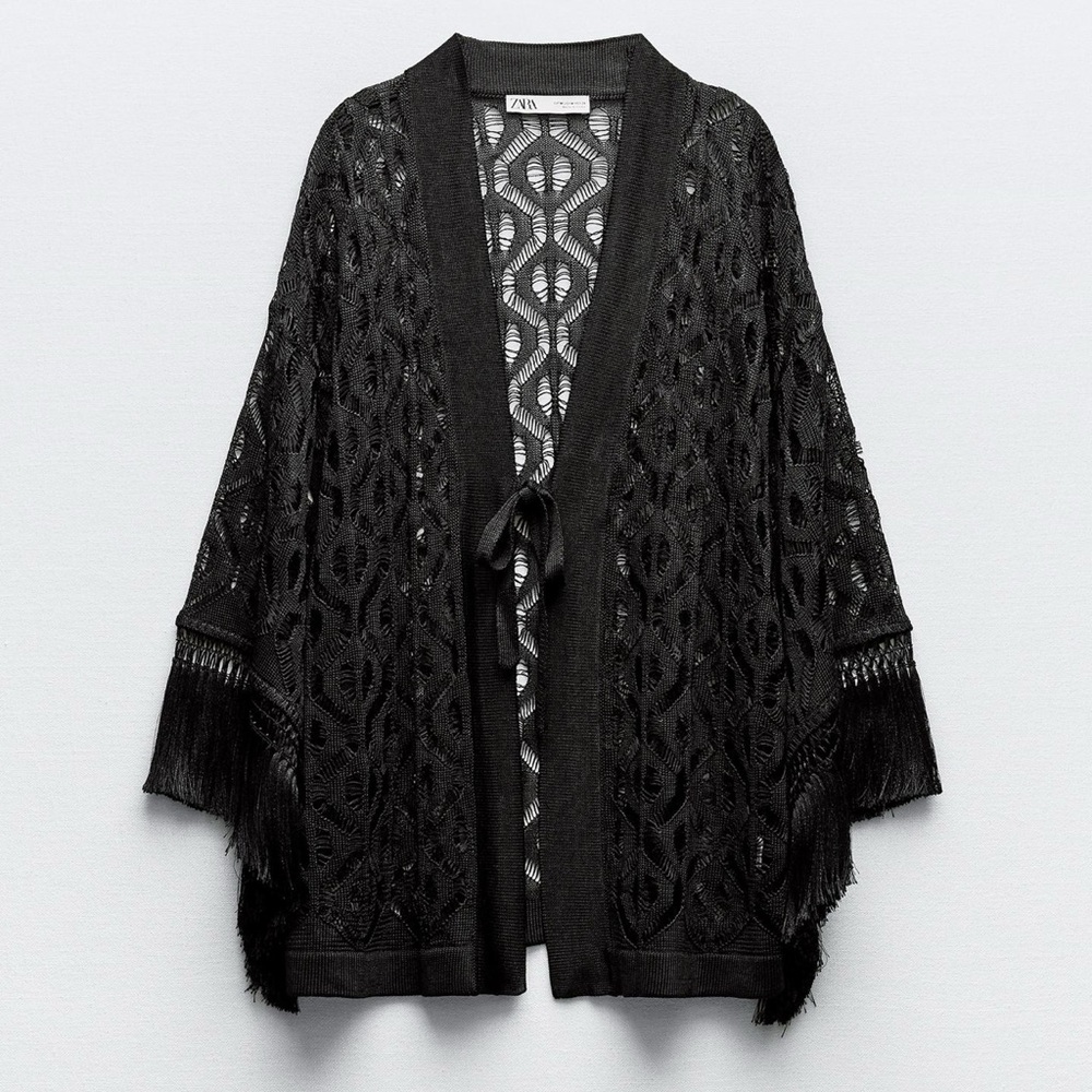 Zara Fringe Open-Knit Cardigan